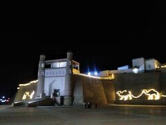 ライトアップした夜のアルク城。外壁のラクダがなんともかわいい。
