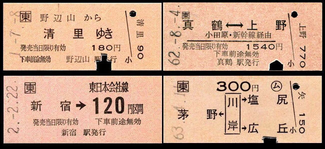 では、地図式以外の切符には、どんなのがあるの？<br />国鉄、JRの場合基本的にこの写真の４形式しかありません。**<br />●【左上】：一般式　昔からある最もオーソドックスな様式です。<br />「から･ゆき式」とも呼ばれます。長距離の切符はみなこれです。<br />●【右上】：相互式　回数券でおなじみの様式で矢印が両方を向いています。使用する向きが決まっていないので、2枚売って往復にも使えます。<br />機能的には一般式と同じですが、発売当日限り有効の近距離券に棲み分けられています。<br />＊私鉄では矢印が右向き片矢印の矢印式を売っているところもあります。<br />●【右下】：矢印式　自駅を中央に縦書きし、下り方面を左に、上り方面を右に書くのが原則です。（時々逆になっているのもあります）<br />　矢印式を両矢式、相互式を相互矢印式と書籍に書いている方（古切符業者の方？）もおられますがマチガイ！規定上は矢印式、相互式です。<br />矢印式では着駅を複数指定できます。B型で6駅までＡ型で8駅まで表示できるので口座削減に役立ちます。一般的に同じ運賃の着駅が1つだけのときは相互式、２つから６つまでは矢印式、それ以上の場合には地図式にします。地図式は最大24というのもあります。<br />以上の3種類は、乗車区間が明らかなため途中駅乗車も可能です。<br />●【左下】：金額式　平成5年以降、ほとんどの下車前途無効のきっぷは金額式になりました。ただ、この様式は方向が確定していないので途中駅からの乗車はできません。<br />着駅が書いてないので、運賃同額の駅ならどこでも降りられます。<br />下車駅が列車区間であっても、乗り越し精算は差額となります（着駅が書いてないので打切り計算が出来ない）<br /><br />＊4枚の写真はJR東日本の東京印刷の近距離様式で揃えてみました。<br />左上の□に東が「発区分記号」といい、JR東日本が発行会社であることを示します、<br />　JR各社によって書体やレイアウトが多少異なります。