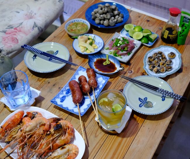 9月21日(水)　夕食<br />焼きエビ．．．．◎<br />サイクロイサーン．．．〇<br />アジ刺身．．．．◎<br />茹で赤貝．．．．◎