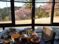 朝食は「下田プリンスホテル」で、窓の外に河津桜を眺めながら