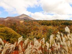 磐梯山ゴールドラインの滑滝展望台から、ちょこっと磐梯山が見えます。
紅葉も素敵でしたが、ススキが・・・。