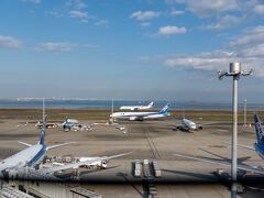 食後、同じ５階の羽田空港第2ターミナル展望デッキに来ました。
ここに来るのが目的だったので。
第1ターミナルの方でもよかったのですが、駐車場の関係でこちらに。でもこちらで全然構わなかった、かえってよかったかも。
展望デッキってもう、子供のころ来て以来だと思います。

屋内展望デッキもありますが、やはり屋外がいい、第2ターミナルなので駐機している機体はANAばかりです。