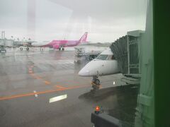 曇り空で景色も見られないまま宮崎空港に到着です。小さい飛行機だけど到着時はボーディングブリッジがつけられました。路面がぬれてますが、今は雨が降ってないよう