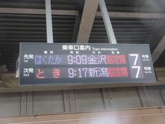 大宮駅で「とき309号」新潟行を待っています。その前の電車は「はくたか」で金沢行です。同じホームに上越新幹線と北陸新幹線が入線するということがとても不思議に思われます。日本の鉄道技術がすばらしいんですね。