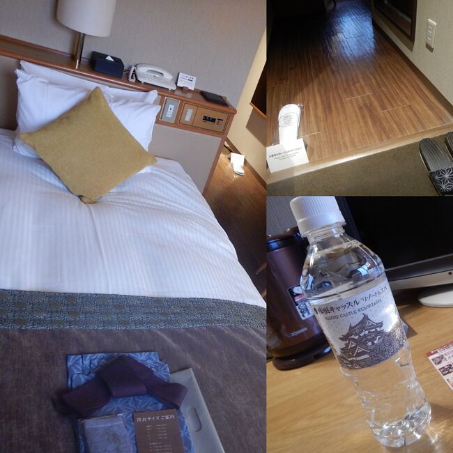 玄関があって、靴を脱ぐようになってます。<br />無料の水は、ホテルオリジナルラベル。