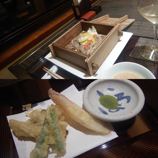 近江牛と温野菜のせいろ蒸し。<br />胡麻ポン酢でいただきます。<br /><br />メニューにはないけど、一休ダイヤモンド会員特典の、季節の一品。<br />野菜の天婦羅です。<br />近江牛じゃないけど、天婦羅、美味しかった～！