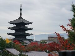 　ねねの道と二寧坂はよく通ってたのに、横にある「高台寺」は初めてです。せっかくなので紅葉もあるのかなぁと思いつつ行ってみることに。
　ちなみにあの「法観寺 八坂の塔」、近くでまともに見たことが無かったので、これまで高台寺の一部と勘違いしてました(笑)。行ってみたけど入場料必要なので入りませんでした。　いちおう宗派は同じ臨済宗建仁寺派だそうです。
　
　高台寺敷地に入る階段から撮影、奥にちっちゃく京都タワー。