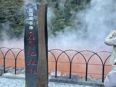 1【血の池地獄】
ホテルから数分で血の池地獄到着。

長男乗り気じゃなかったけど、スタンプラリーがあるよ！とか次は何色の地獄かな？とクイズ形式で出していたらノリノリになってくれた！よかった。

日本最古の地獄で真っ赤な粘土が煮えたぎり、粘土は酸化鉄や酸化マグネシウムを多く含んでるそうです。

思ったより赤くないけど、この色になるってすごい。