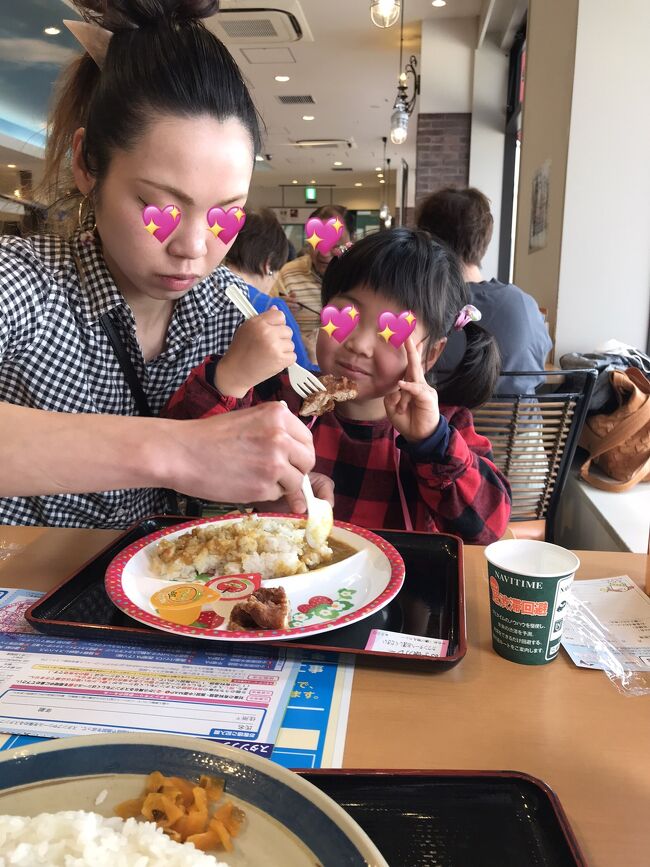 SAでお子様カレー。ママは、運転と、食事の世話で気が休まりません。若いっていいなぁ