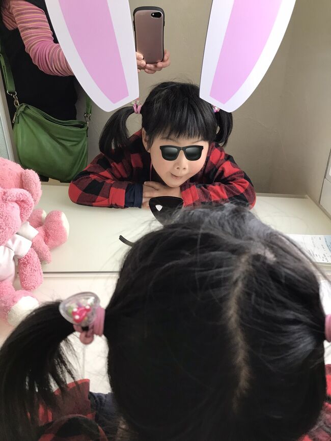 このサービスエリアのトイレはステキ。かがみに移るとウサちゃん変身