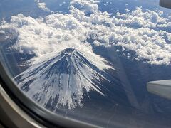 ちょうど左側の席だったので覗いてみると、ほぼ真下に富士山が見え、山頂の火口が見えて大迫力でした。
