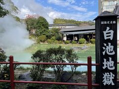 7【白池地獄】最後は足早に白池地獄を見ました！
緑っぽい地獄で想像の色と違う！なぜ白池というのでしょう？
ガイドブックを読むと、夏場以外は青白いんですって。11月だけど暖かいから緑だったのかな、不思議～