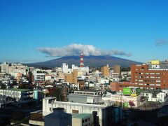 新幹線で青森まで行き、乗り換えて弘前駅へ。
駅からホテルまでは徒歩１５分以内のはずだったが、曲がるところを間違え、とんでもないところに行ってしまい、３０分もかかってたどり着きました。
１５時を過ぎていたので、すぐにチェックイン。
部屋の窓からの眺め。