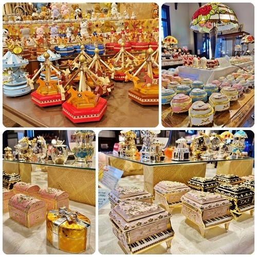 宝石箱やピアノ型オルゴールなど、可愛らしいオルゴールが並びます。