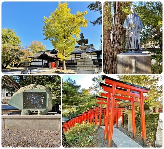 参道脇の石碑や像を眺めながら進み、第二の鳥居を過ぎると千本鳥居や社務所があります。和風建築と紅葉、秋の趣を感じる景観です。