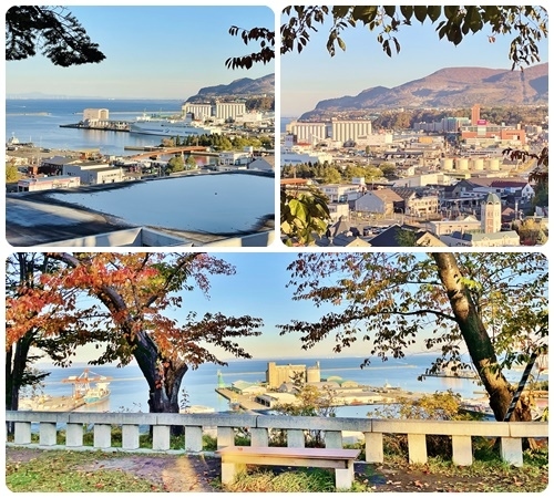 高台にある境内からは小樽港や街並みを一望。　<br />小樽港側：手前に勝納大橋、奥に新日本海フェリーターミナル<br />街並み側：堺町通りの北一硝子やルタオ本店<br />