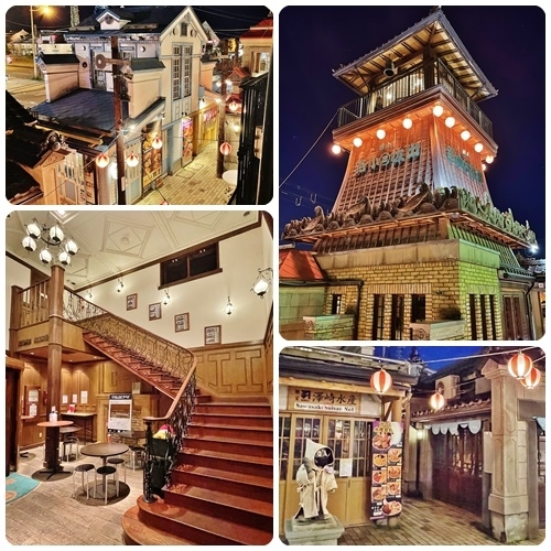 冷える夜はうだつ小僧もコートで防寒（笑）提灯に明かりが灯った夜の出抜小路は、昼間とは異なった情緒ある雰囲気です。