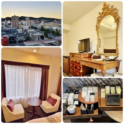 化粧水などのアメニティはロビーに置かれていました。眺望は街側でしたが最上階だったので見晴らしが良かったです。