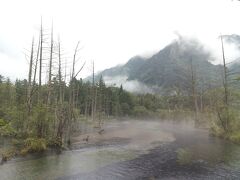 岳沢湿原。
雲が低く垂れ込み、水面には靄がかかってる。見ようによっては神秘的とも言えますが、それにしてもなぁ。
