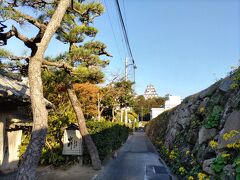 　宿に到着しました。向こうに唐津城が見えます。左側が「水野旅館」、右側には石垣があり、中に学校があります。