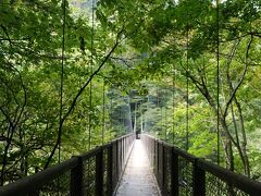 　回顧の橋は全長１００m、高さ３０mの野趣あふれる吊り橋。この先に観瀑台があります。