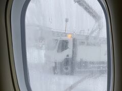 寒波が来てて飛行機飛ぶか心配だった。
定刻から遅れたけどなんとか乗り込み。
不凍液を掛けられる。