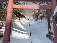 朝の湯沢神社。階段が雪に埋もれて急な坂道に変身。