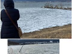 諏訪湖が一部凍ってました。
水飛沫で湖近くの植物は氷漬けになってました。
寒っ！