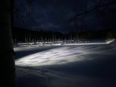 冬、「青い池」は凍って雪が積もっているので夜のライトアップ
この日は17時半～
