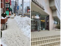 函館駅周辺は足元こんな感じ
車道はロードヒーティングが設置されているので雪はないけれど、歩道は除雪されていないので注意が必要

10:07
ホテルリソル函館

check inは15:00なので、荷物を預かってもらいに立ち寄り。
その際に「HOKKAIDO LOVE！割」クーポンいただけました♪
check in前だったのに、有難い(о´v｀о)