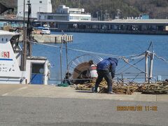 ２３０２２８－１１５２．火曜。豊浜漁港でカンカンと音がひびきます。３人で作業中。
