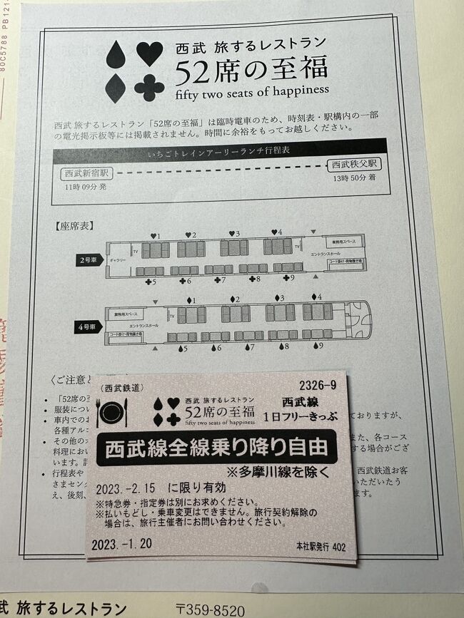 こちらが乗車券と旅程表です。<br />乗車券は西武線の一日乗車券となっていますので別に特急料金を払えば復路は特急で帰ることも可能です。<br />旅程表には座席表が載っています。<br />乗車の際に必要になるので無くさないように注意してください。