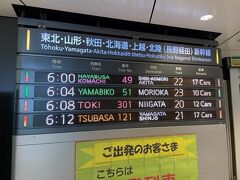 【初日】
おはようございます。早朝の東京駅でございます。

本日最初に狙う新幹線は6：08のとき301号新潟行き。
始発駅といえど、JR東日本キッパーと思しき人でかなりの列。
20分くらい前にホームにいったけど既に20人近く並んでいた。危ない危ない。

無事に窓際ゲットしたけれど、自由席車両は出発時には立ち客でぎゅうぎゅう。
通路側だったら落ち着かなかったろうなぁ。
しかも皆スキーやボーターなので大荷物…。