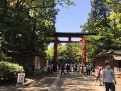 二の鳥居から500m弱で三の鳥居に着きました。
三の鳥居を潜り、池に架かる小橋を越えると、朱塗りが鮮やかな楼門があります。
門を潜ると中庭の舞殿上に、盆栽師の手による盆栽が飾られていました。
