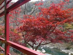 保津川沿い、紅葉沿いを行く
葉が落ちているところもあるが、このように紅葉は結構きれいに見えた
25分があっという間、楽しかった