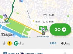 <上記画像の出典：「Citymapper」より>
Louvre - Rivoliのバス停に着きましたが道路が大渋滞です。
ルーブル美術館と並行しているリヴォリ通りがデモ行進のルートになっており、すでに規制されているのが影響しているようです。
バスで行くのは諦めてメトロで行くことにします。
再度Citymapperで検索。少し遠回りになりますが、1号線でConcordeまで行って12号線に乗り換えてAbbessesまで行きます。