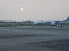 19時過ぎ。那覇空港の到着。荷物を受け取るために移動中に滑走路が見える場所がある。見ると夕日とANA機が見えた。