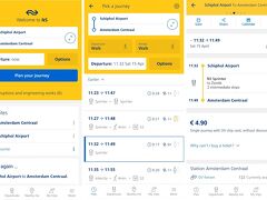 <上記画像の出典：「NS」より>
ここからオランダ国鉄でアムステルダム中央駅に移動します。切符の購入手段はいろいろありますが、券売機や窓口で買った場合はチケット代としてEUR1取られるので却下。オランダ国鉄のアプリでも購入できますが(チケット代のEUR1は不要)、今回はずっとタッチ決済を使ってきたので、ここでもタッチ決済にします。
オランダ国鉄のNSアプリで時刻表検索をします。空港から中央駅までは3駅17分なのに、乗換えが必要な経路や国鉄+地下鉄などが検索結果に出てきます。乗換えの要らない(0x)印のある11:32発にしましょう。