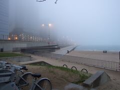 ミシガン湖に到着しました。朝霧がかかっています。