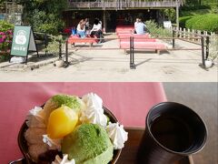 朝から歩き通しでさすがに疲れたので園内にあった福田茶屋で一休み。
「冷たい飲み物が飲みたい！」と思って最初は贅沢グリーンティーを飲もうと思っていたのに…メニューに載っていた抹茶パフェに惹かれて気づけば抹茶パフェを注文していた…。
ほうじ茶付きで1400円となかなか強気な価格だな、と思ったらわらび餅が２つ、きび団子も２つ入ってて下の方はグラノーラとフルーツポンチが入っててかなりボリューミーなパフェだった。
このお店のお客さんも半分以上は外国人観光客だった。
バカンスの時期でもないのに多いなぁ。
でも正直日本に来るならGWの時期は外した方がいい気もするけど。