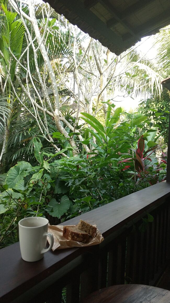 ４日目の朝<br />姉はホテル近くのヨガ教室<br />私はベランダで昨日買ったバナナケーキとバリコピ<br /><br />南国の鳥の声、ホテルの若い従業員の方の話し声や庭をホウキではく音<br />バリ島の朝だなーと思いながらゆっくりとした時間をすごします♪