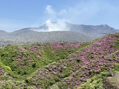 コレはスマホ撮影でも伝わりそうな「山がピンク」
と
向こうに見えるのは中岳火口