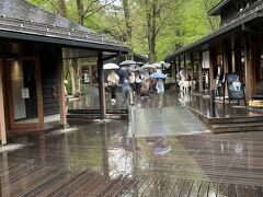 セゾン美術館は諦め、ハルニレテラスに来ました。
中軽井沢の駅から、タクシーで870円でした。
中軽井沢の人気スポット。雨のせいで空いていました。