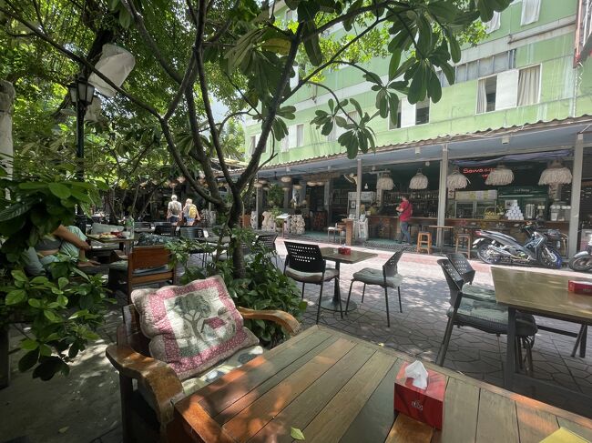 早々に入り口付近のカフェに避難。<br /><br />さすがに店内では味気ないから、木陰のテラス席で。<br />日陰にいても汗が出そうな強烈な暑さ。