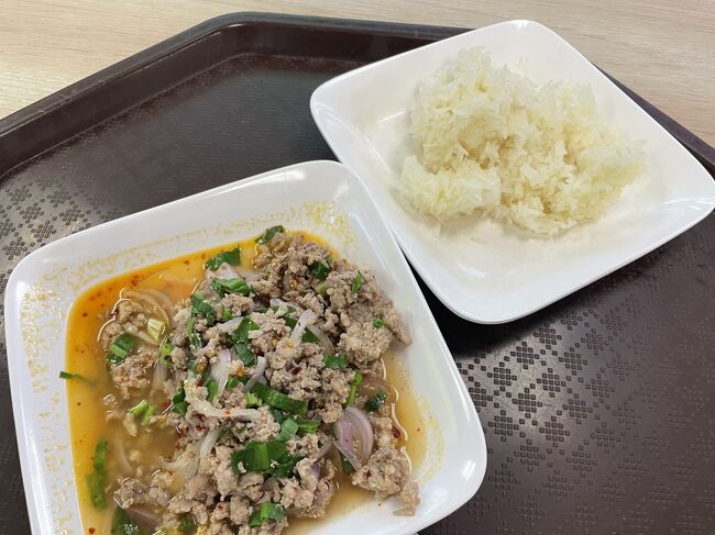 オーダーはラープ55バーツとカオニャオ10バーツ。<br />良いねー。<br /><br />イサーン料理やさんはスパイス調合（すり潰し）に時間がかかるから、行列しちゃうと結構列捌けないので、急いでいる時は厳しいかも。