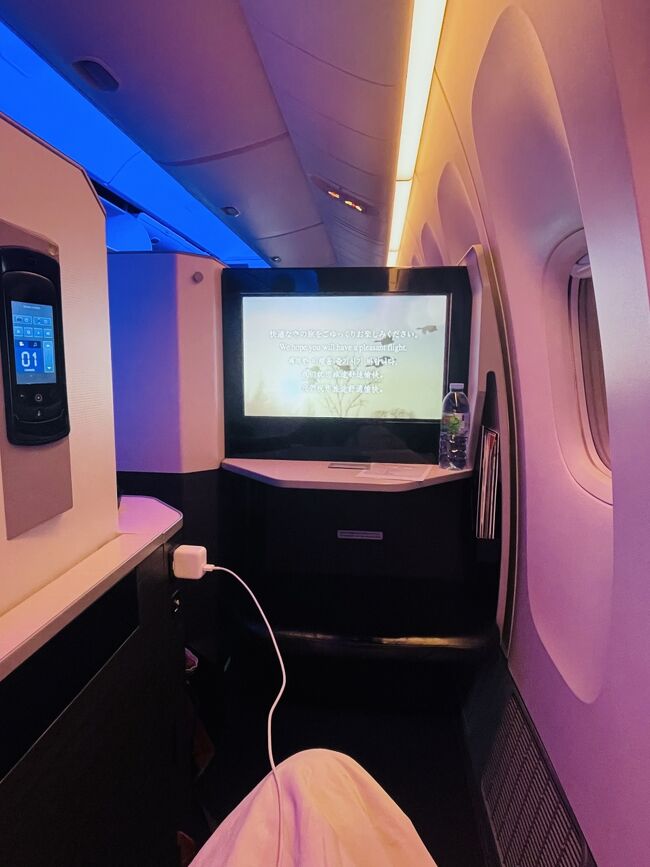 22:05発JAL羽田行き、今日は定時運航。<br />新たに発券した羽田単純往復PYをUGしてあって、本当は便変更は有料な料金だけど、もちろん無料で変えてもらえた。<br /><br />さっき電話した時はアイルしか取れなかったものの、チェックインカウンターで窓側ゲット。