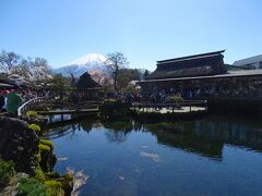 ここが忍野八海の中心的な場所にもなっていて、池と茅葺屋根の建物と一緒に富士山も綺麗に見える。