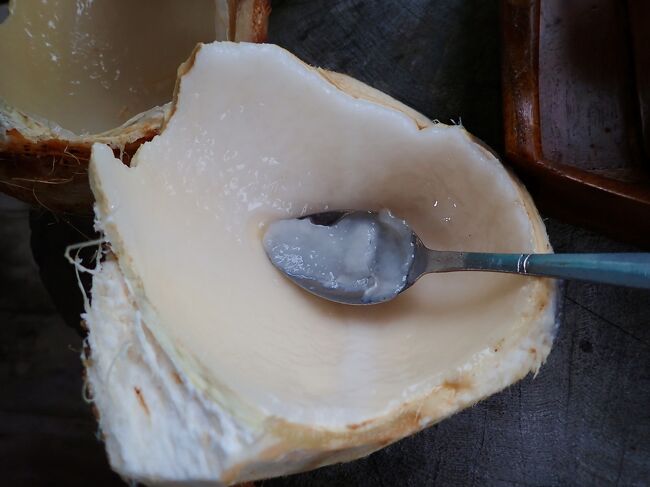 ジュースを飲んだ後に殻を割って出てくココナッツゼリーは、<br />若いヤシの実からしかありません。<br />時間が経つと直ぐに厚く固いココナッツシュガーになってしまいます。