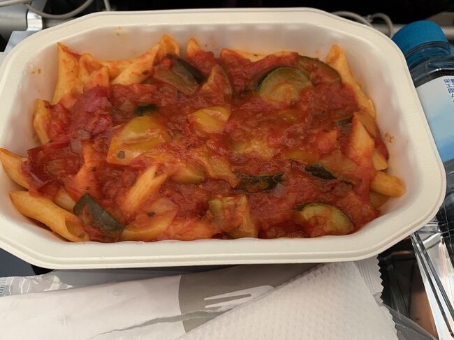 野菜のペンネ<br />行のJALでもペンネにしたので、カレーにしとけばよかった。<br />隣2席の人、ひたすら寝ていてトイレにもいかなかったので、自身でトイレに席を立つ以外、席から離れることなくよかった。こんど乗るなら、中央列の通路がよいかも。もちろん、フルフラットシートが良いけど。