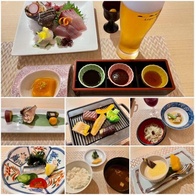 18時、お待ちかねの夕食会場へ。<br />基本和会席はその名もオリーブ会席。<br />小豆島は醤油の町で島醤油3種の味比べが出来ました。<br />小豆島や瀬戸内海で採れる野菜や海の幸、<br />小豆島名物の手延べそうめんも食べ放題。<br />お肉は堅かったんですが、それ以外は美味しくいただきました。